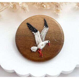 Seagull Figural Hand Painted Circular Shaped Solid Wood Vintage Brooch Pin